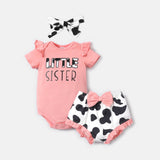 3pcs Baby Girl Cotton Short - sleeve Letter Graphic Romper and Cow Print Naia™ Shorts & Headband Set - MomYom PK