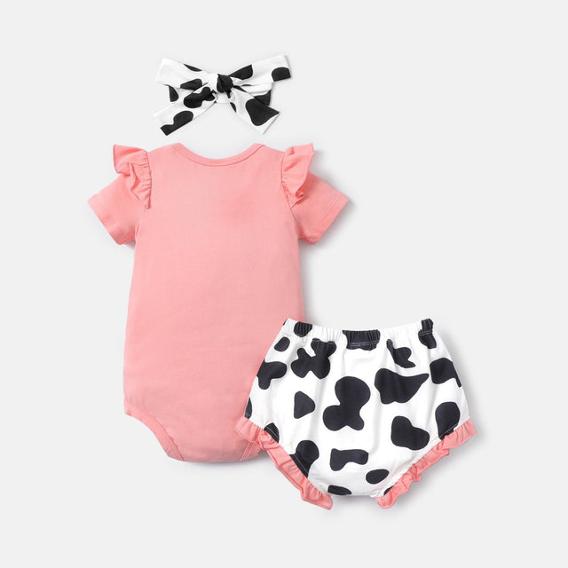 3pcs Baby Girl Cotton Short - sleeve Letter Graphic Romper and Cow Print Naia™ Shorts & Headband Set - MomYom PK