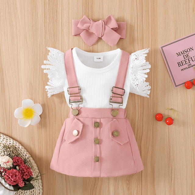 3pcs Baby Girl Lace Flutter - sleeve Ribbed Romper and Suspender Skirt with Headband Set - MomYom PK