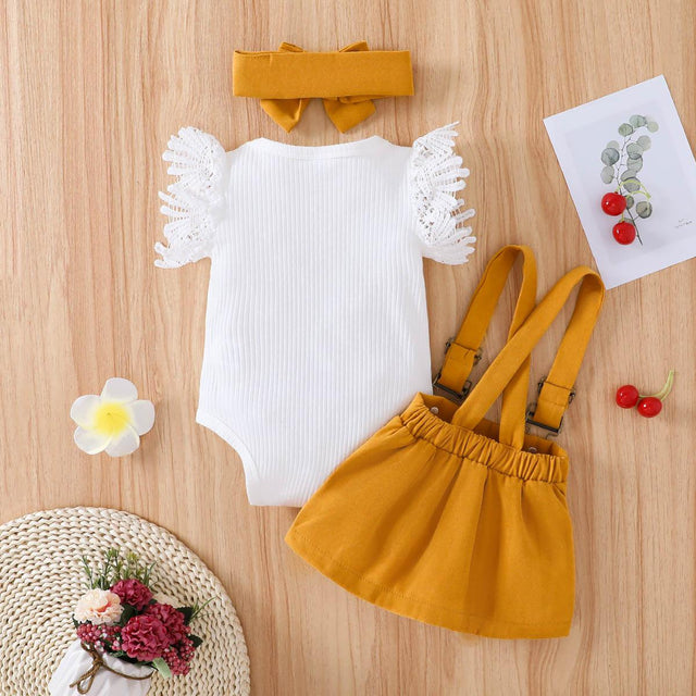 3pcs Baby Girl Lace Flutter - sleeve Ribbed Romper and Suspender Skirt with Headband Set - MomYom PK