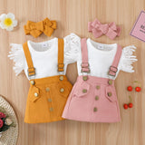 3pcs Baby Girl Lace Flutter - sleeve Ribbed Romper and Suspender Skirt with Headband Set - MomYom PK