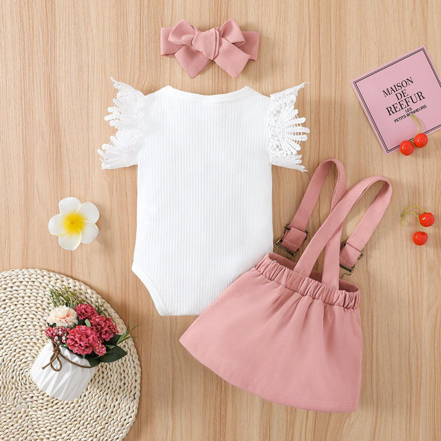 3pcs Baby Girl Lace Flutter - sleeve Ribbed Romper and Suspender Skirt with Headband Set - MomYom PK