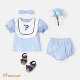 3pcs Baby Girl Letter Embroidered Square Neck Plaid Top and Shorts and Headband Set - MomYom PK