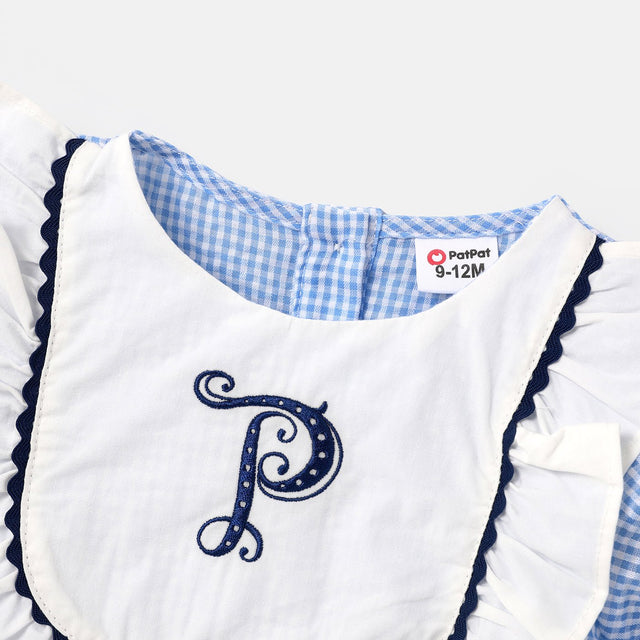 3pcs Baby Girl Letter Embroidered Square Neck Plaid Top and Shorts and Headband Set - MomYom PK