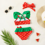 3pcs Baby Girl Polka Dots Bow Decor Colorblock Ruffle Two - piece Swimsuit & Headband Set - MomYom PK