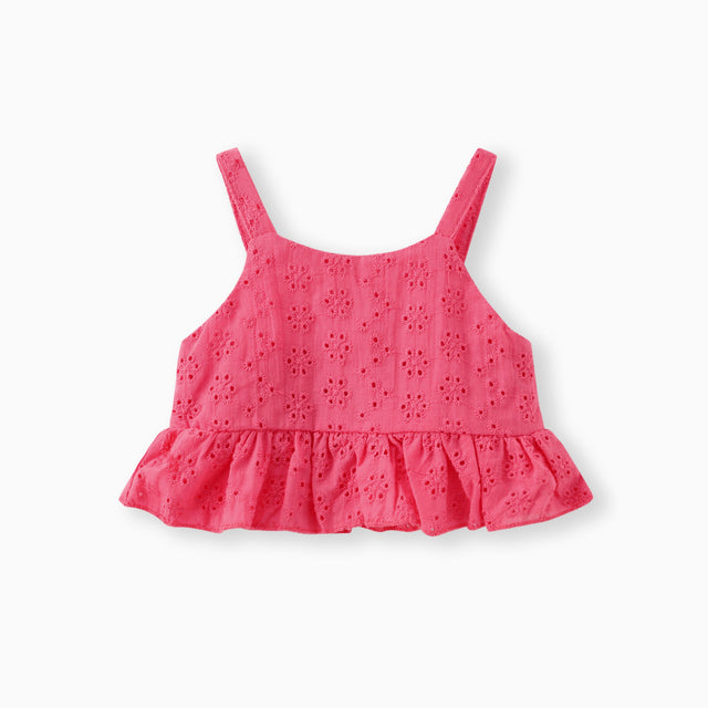 3pcs Baby Girl Solid Eyelet Embroidered Ruffle Hem Crop Tank Top and Shorts & Belt Set - MomYom PK