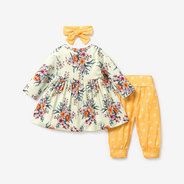 3pcs Floral Allover Long - sleeve Yellow Baby Set - MomYom PK