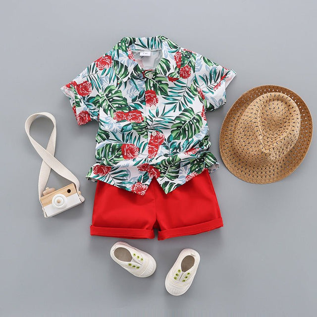 3pcs Toddler Boy Boho Straw Hat & Floral Print Shirt and Shorts Set - MomYom PK