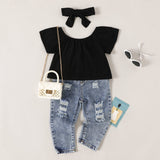 3pcs Toddler Girl Black Bow Headband & Short - sleeve Top & Ripped Jeans Set - MomYom PK