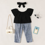 3pcs Toddler Girl Black Bow Headband & Short - sleeve Top & Ripped Jeans Set - MomYom PK