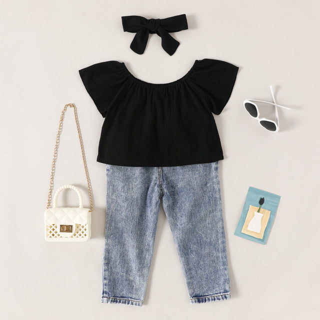 3pcs Toddler Girl Black Bow Headband & Short - sleeve Top & Ripped Jeans Set - MomYom PK