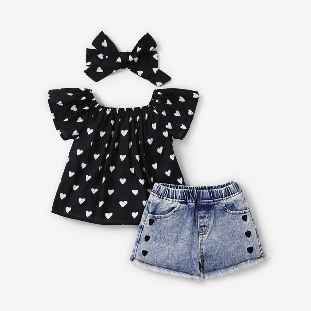 3pcs Toddler Girl Heart Print Off Shoulder Blouse and Denim Shorts & Headband Set - MomYom PK