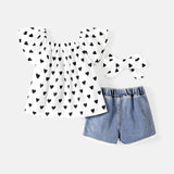 3pcs Toddler Girl Heart Print Off Shoulder Blouse and Denim Shorts & Headband Set - MomYom PK