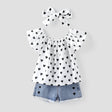 3pcs Toddler Girl Heart Print Off Shoulder Blouse and Denim Shorts & Headband Set - MomYom PK