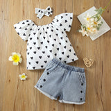 3pcs Toddler Girl Heart Print Short - sleeve Blouse and Denim Shorts & Headband Set - MomYom PK