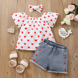 3pcs Toddler Girl Heart Print Short - sleeve Blouse and Denim Shorts & Headband Set - MomYom PK