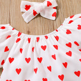 3pcs Toddler Girl Heart Print Short - sleeve Blouse and Denim Shorts & Headband Set - MomYom PK