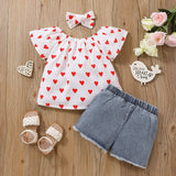 3pcs Toddler Girl Heart Print Short - sleeve Blouse and Denim Shorts & Headband Set - MomYom PK