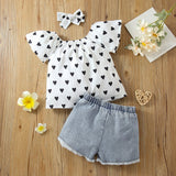 3pcs Toddler Girl Heart Print Short - sleeve Blouse and Denim Shorts & Headband Set - MomYom PK