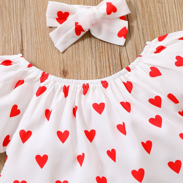 3pcs Toddler Girl Heart Print Short - sleeve Blouse and Denim Shorts & Headband Set - MomYom PK