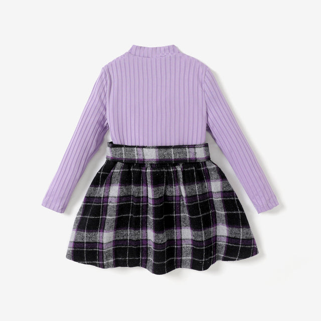 3pcs Toddler Girl Sweet Houndstooth Grid Stand Collar Skirt Set with Belt - MomYom PK