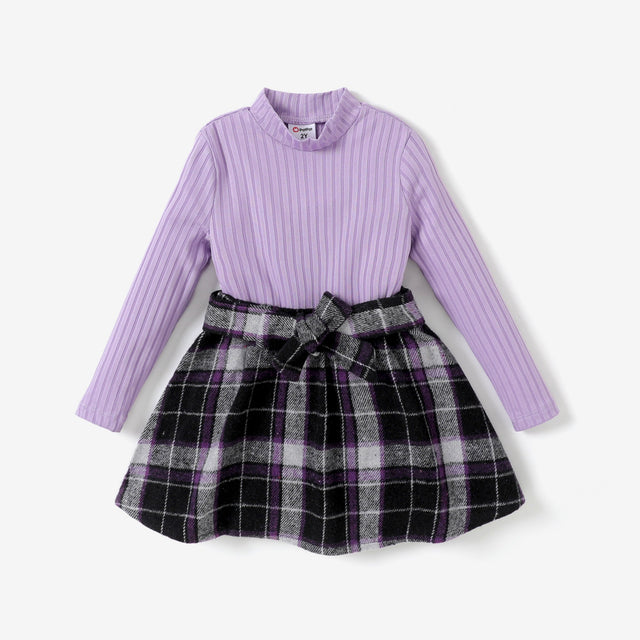 3pcs Toddler Girl Sweet Houndstooth Grid Stand Collar Skirt Set with Belt - MomYom PK