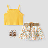 3pcs Toddler Girl Sweet Ribbed Crop Camisole and Floral Print Pleated Skirt & Belt Set - MomYom PK