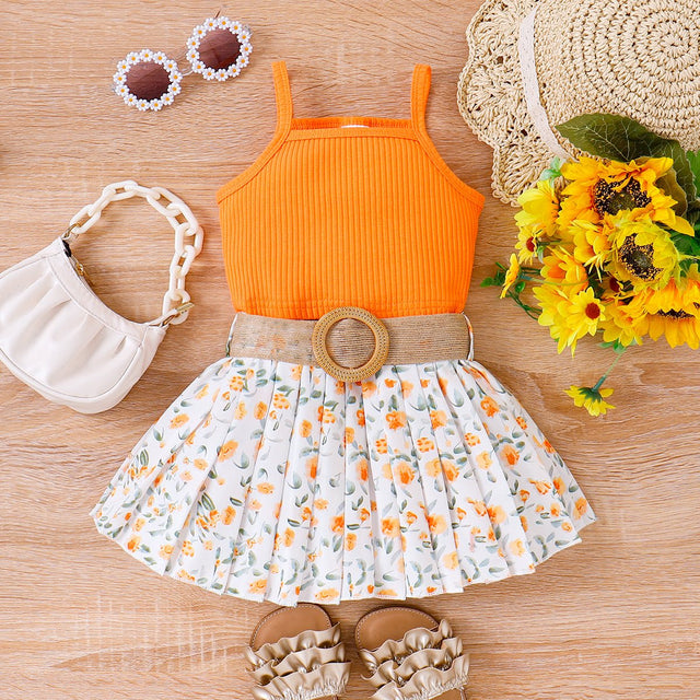 3pcs Toddler Girl Sweet Ribbed Crop Camisole and Floral Print Pleated Skirt & Belt Set - MomYom PK