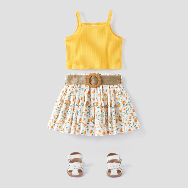 3pcs Toddler Girl Sweet Ribbed Crop Camisole and Floral Print Pleated Skirt & Belt Set - MomYom PK