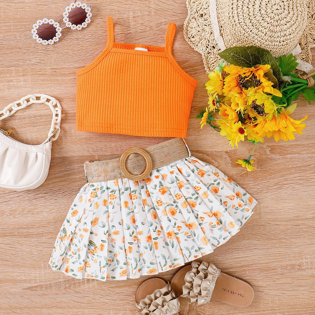 3pcs Toddler Girl Sweet Ribbed Crop Camisole and Floral Print Pleated Skirt & Belt Set - MomYom PK