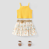 3pcs Toddler Girl Sweet Ribbed Crop Camisole and Floral Print Pleated Skirt & Belt Set - MomYom PK