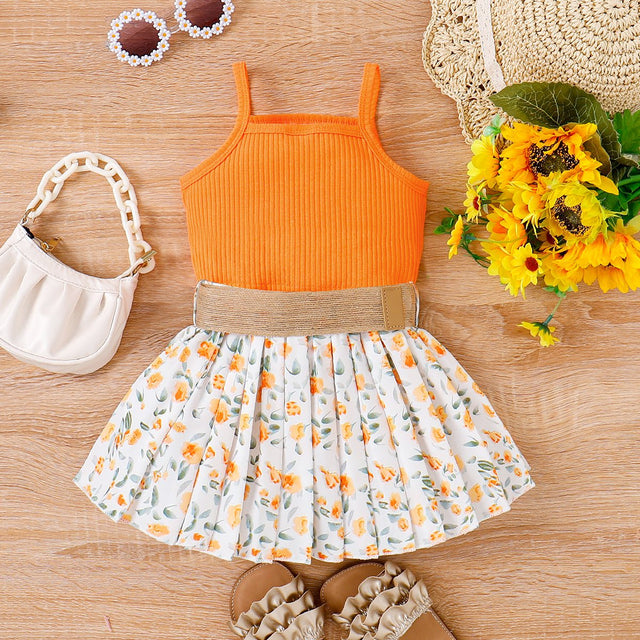 3pcs Toddler Girl Sweet Ribbed Crop Camisole and Floral Print Pleated Skirt & Belt Set - MomYom PK