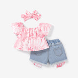 3pcs Toddler Girl Tie Dye Top & Headband & Ripped Denim Shorts Set - MomYom PK