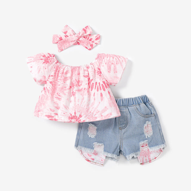 3pcs Toddler Girl Tie Dye Top & Headband & Ripped Denim Shorts Set - MomYom PK