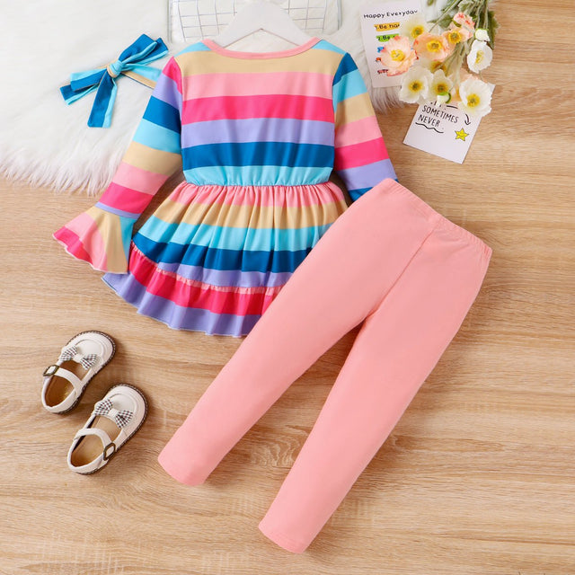 3pcs Toddler Girl's Rainbow Stripe Ruffle Edge Sleeve Shirt and Leggings Set with Headband - MomYom PK