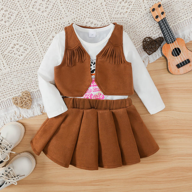 4pc Toddler Girl's Tassel Letter Suit Cowboy Dress Set with Belt and Vest - MomYom PK