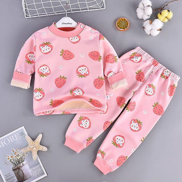 Strawberry Printed Velvet Warm Pajama Set for Infants