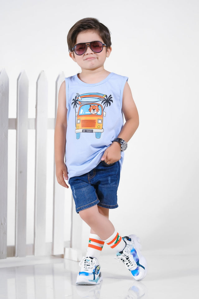 Lion Car Summer-Printed Sandos for Boy - Light Blue