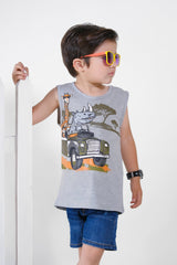 Giraffe & Rhino Ride Summer-Printed Sandos for Boys - Light Gray