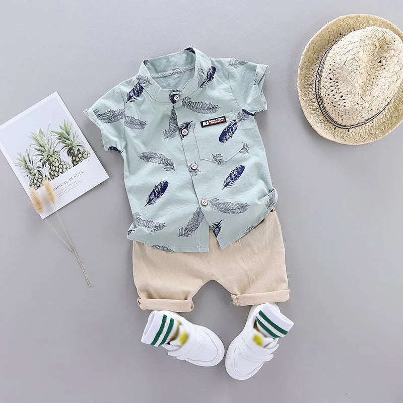 Leaf print short sleeve shirt and pants set