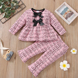 2pcs Baby Pink Tweed Plaid Long - sleeve Bowknot Top and Trousers Set - MomYom PK