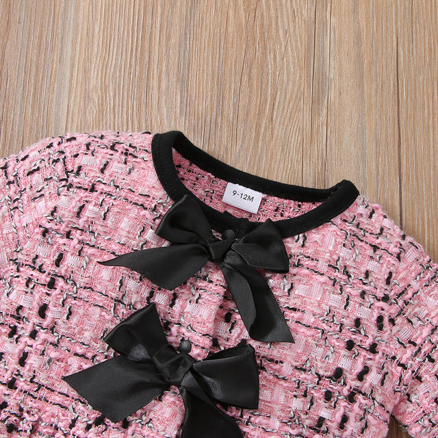 2pcs Baby Pink Tweed Plaid Long - sleeve Bowknot Top and Trousers Set - MomYom PK