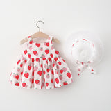 100% Cotton 2pcs Baby Girl All Over Red Strawberry Print Sleeveless Bowknot Dress with Hat Set - MomYom PK