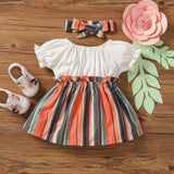 2pcs Baby Girl White Ribbed Splicing Striped Bowknot Frill Puff - sleeve Dress with Headband Set - MomYom PK