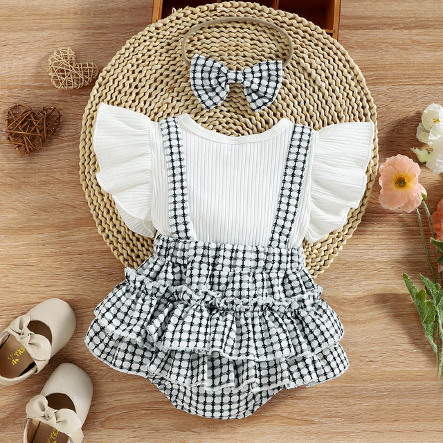 2pcs Baby Girl 95% Cotton Ribbed Ruffle - sleeve Bowknot Splicing Plaid Layered Romper with Headband Set - MomYom PK