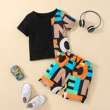 2pcs Baby Boy 95% Cotton Short - sleeve Letter Print Black Splicing T-shirt and Shorts Set - MomYom PK