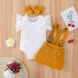 3pcs Baby Girl Lace Flutter - sleeve Ribbed Romper and Suspender Skirt with Headband Set - MomYom PK