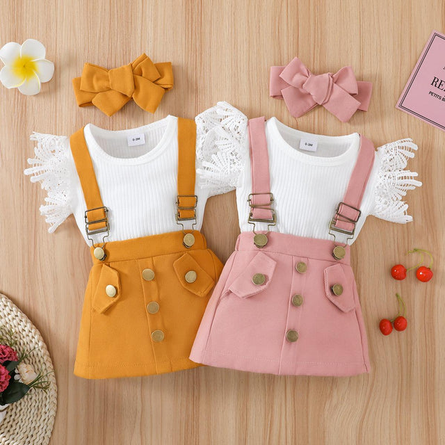 3pcs Baby Girl Lace Flutter - sleeve Ribbed Romper and Suspender Skirt with Headband Set - MomYom PK