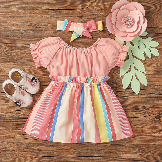 2pcs Baby Girl White Ribbed Splicing Striped Bowknot Frill Puff - sleeve Dress with Headband Set - MomYom PK