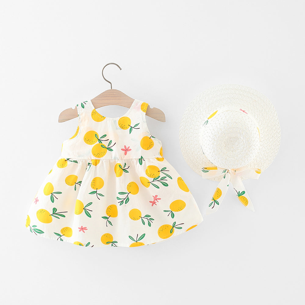 100% Cotton 2pcs Baby Girl All Over Red Strawberry Print Sleeveless Bowknot Dress with Hat Set - MomYom PK